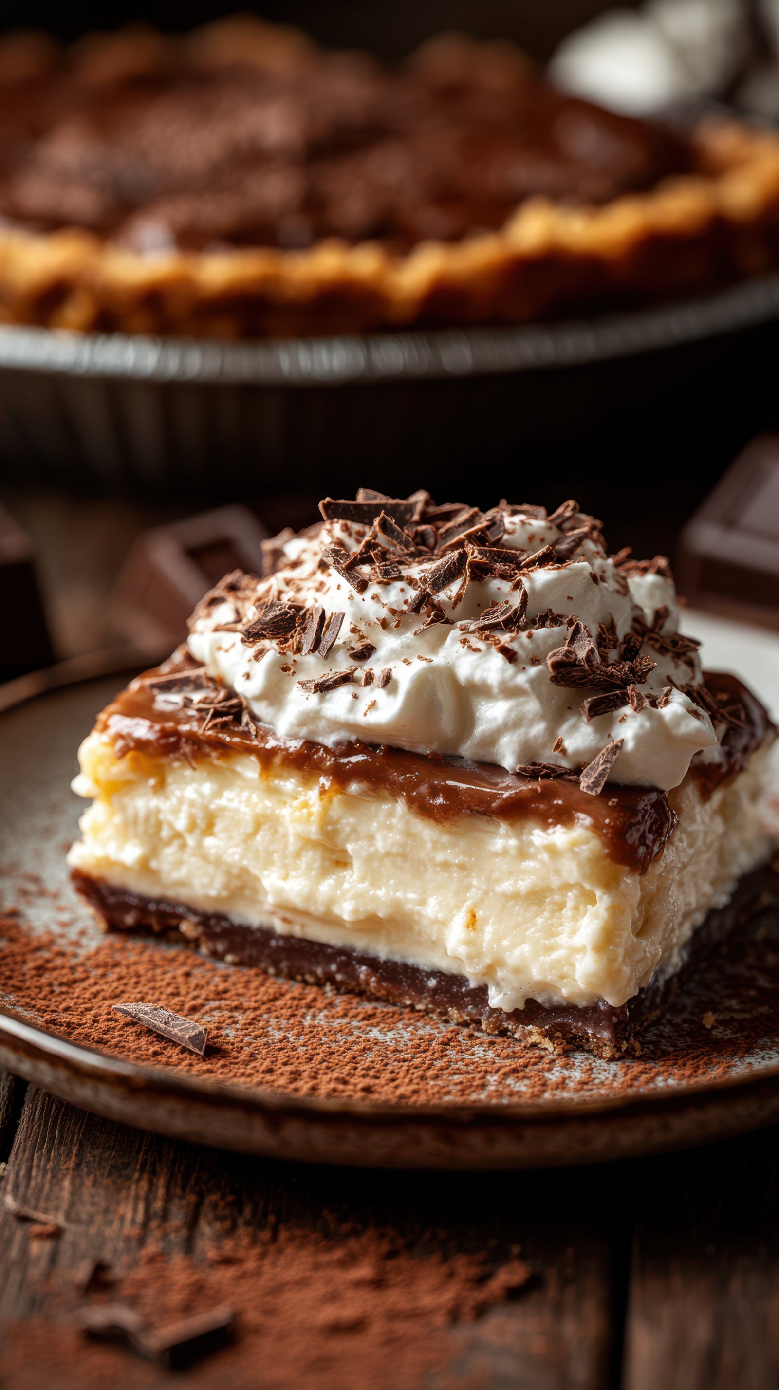 Delicious layer cake with creamy filling and chocolate topping on wooden table, perfect for dessert